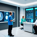 **

"A futuristic healthcare clinic with a diverse group of people undergoing personalized health analysis using advanced biotech. The clinic is bright and modern, with holographic displays showing genetic data. Fully clothed doctors and patients are interacting. safe for work, appropriate content, professional, perfect anatomy, natural proportions, high quality"

**