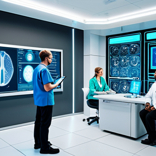 **

"A futuristic healthcare clinic with a diverse group of people undergoing personalized health analysis using advanced biotech. The clinic is bright and modern, with holographic displays showing genetic data. Fully clothed doctors and patients are interacting. safe for work, appropriate content, professional, perfect anatomy, natural proportions, high quality"

**